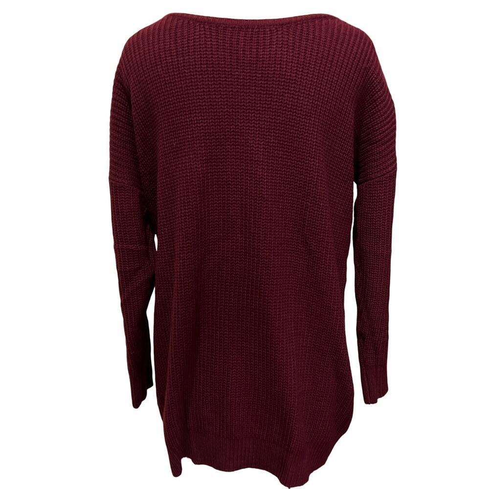 Burgandy Ribbed Long Sleeve V-neck Twist Knot Tunic Mini Sweater Dress Size S - Picture 2 of 9